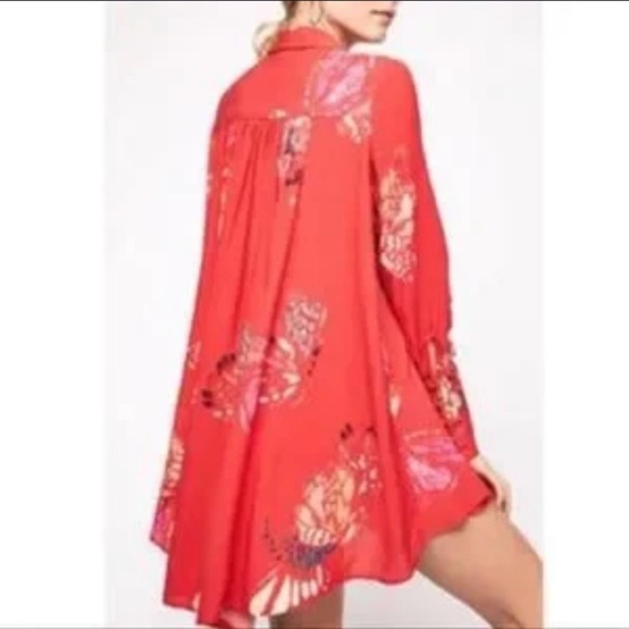 Free People Red Bell Sleeve Tunic with Mandarin Collar - Picture 3 of 13